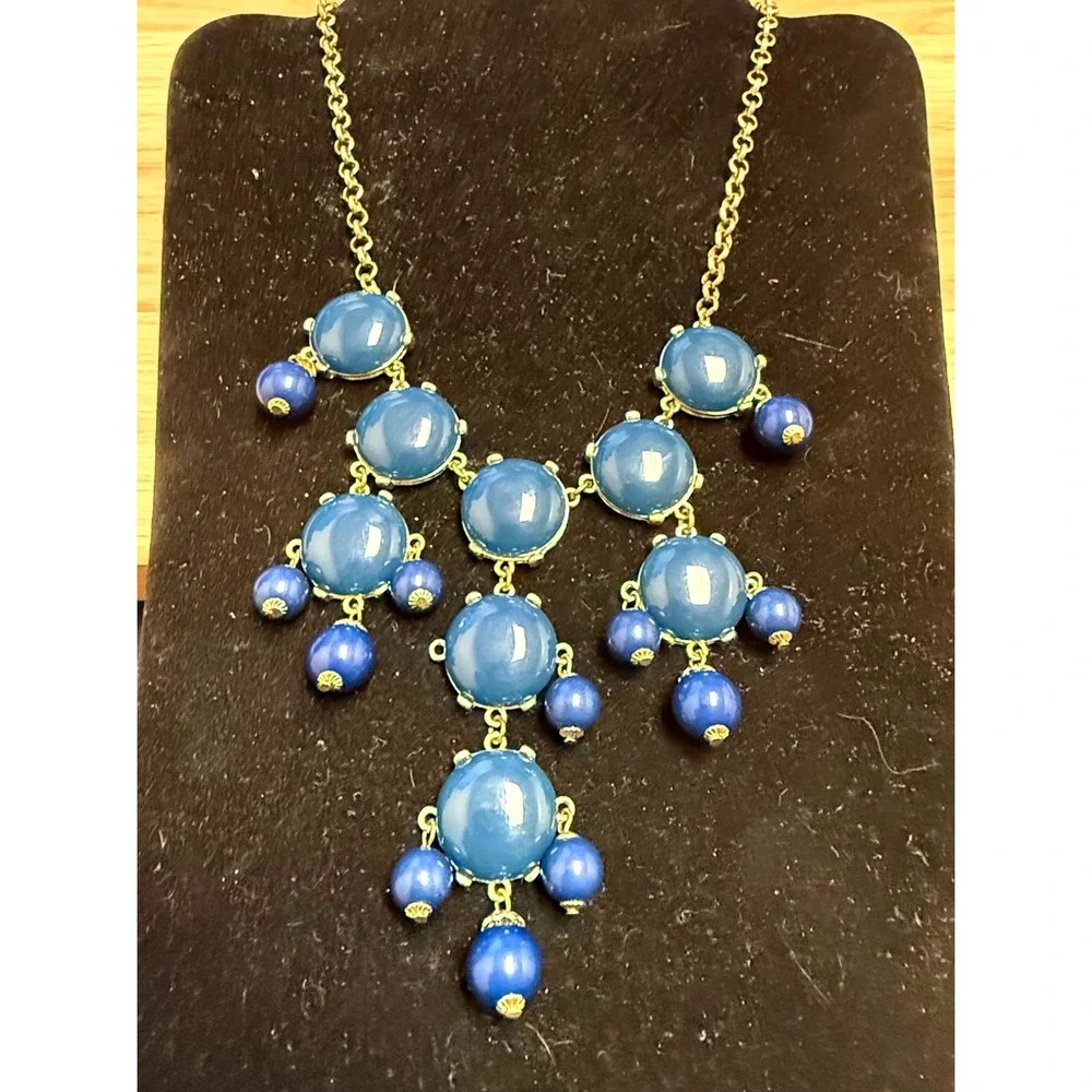 Blue Cabochon‎ Statement Bib Necklace Gold Tone Tiered Bead Drop Adjustable